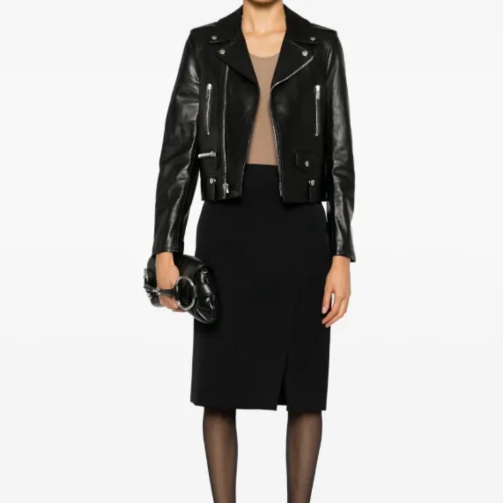 Saint Laurent Black Leather Cropped Moto Jacket - Picture 5 of 10